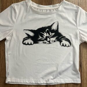 SHEIN White Tee with Black Cat Design